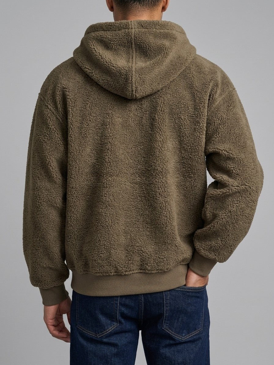 Broni Men's Hooded Teddy Fleece Jacket — olivebrown — back