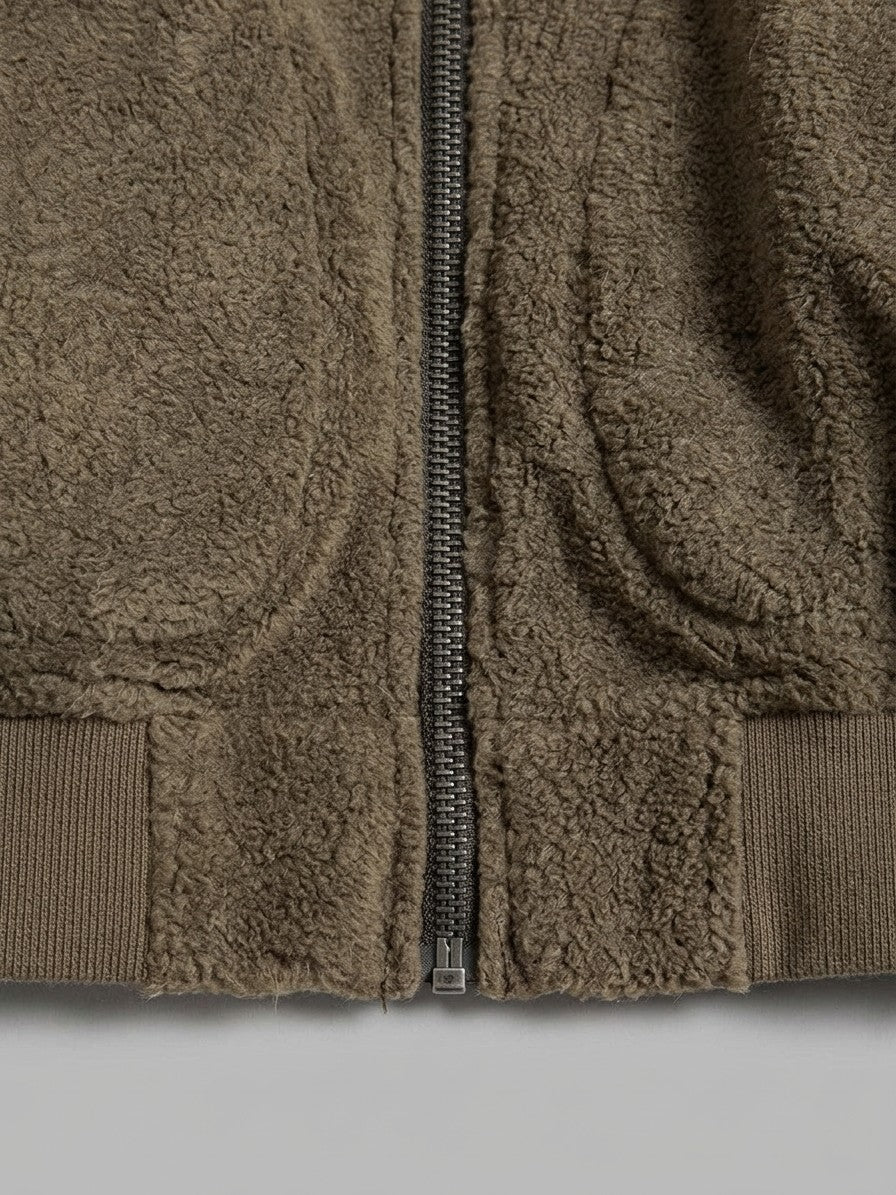 Broni Men's Hooded Teddy Fleece Jacket — olivebrown — detail-collar