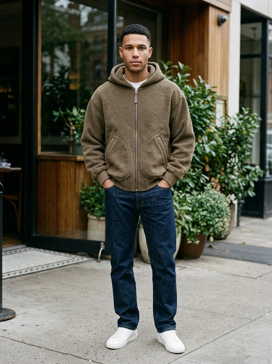 Broni Men's Hooded Teddy Fleece Jacket — olivebrown — lifestyle