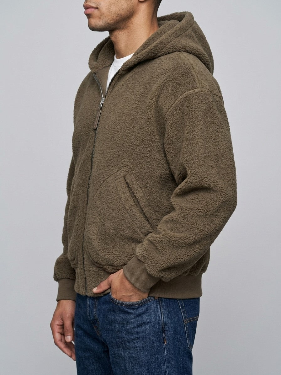 Broni Men's Hooded Teddy Fleece Jacket — olivebrown — side