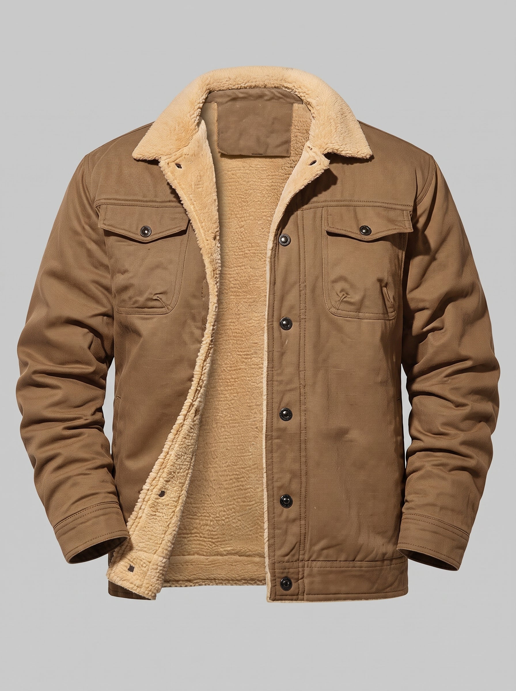 A brown canvas utility jacket with a beige sherpa fleece lining, shown on a solid gray background.
