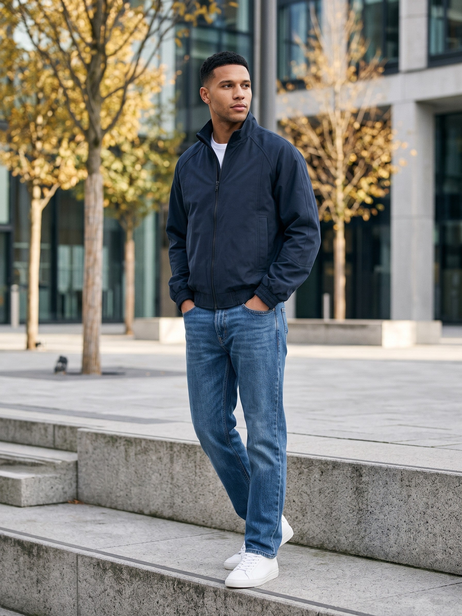 Budrio Men's Raglan Stand-Collar Bomber Jacket — navy — lifestyle