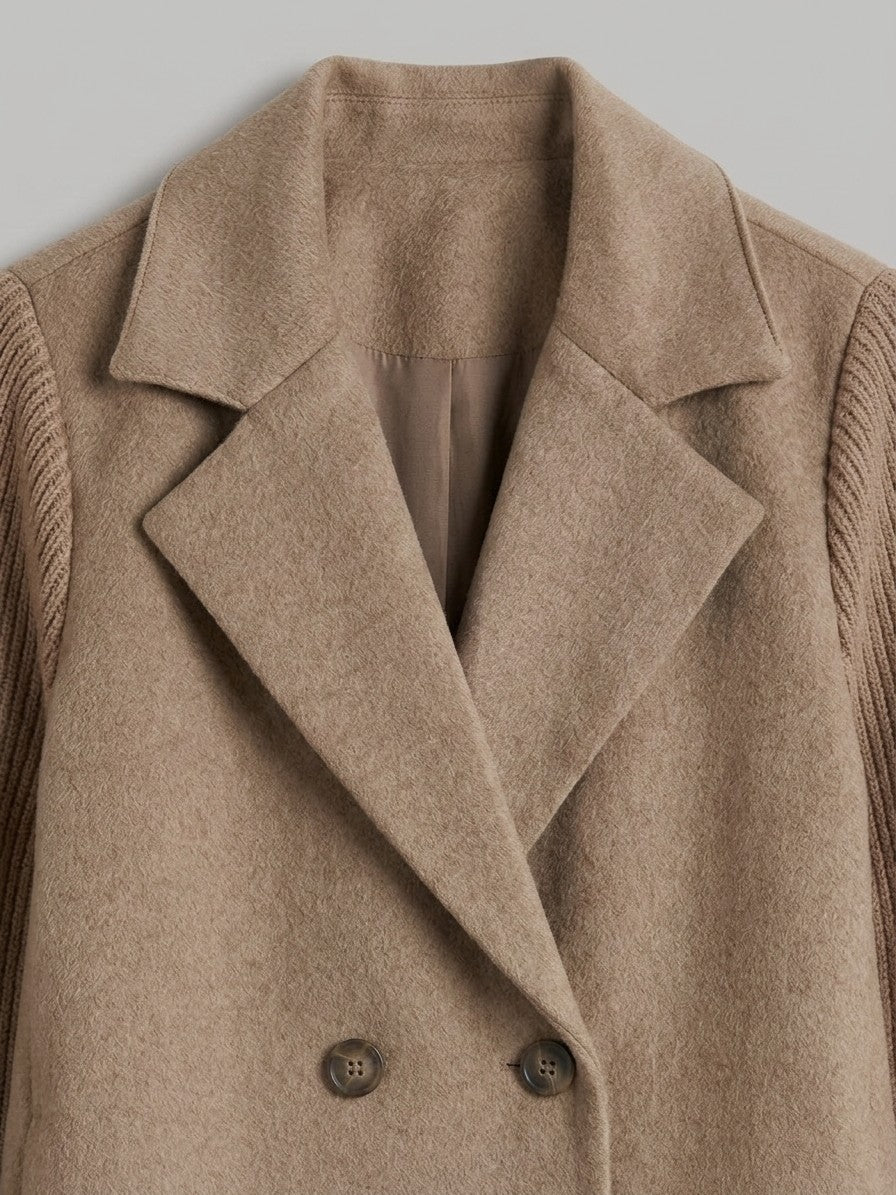 Burano Women's Knit Sleeve Double-Breasted Jacket — taupe — detail-2
