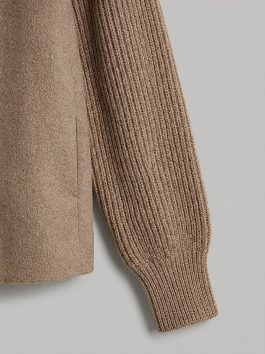 Burano Women's Knit Sleeve Double-Breasted Jacket — taupe — detail-collar