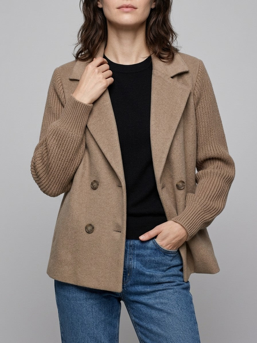 Burano Women's Knit Sleeve Double-Breasted Jacket — taupe — front