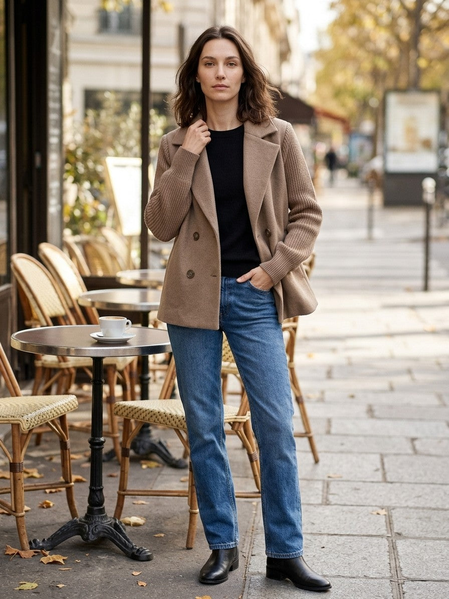 Burano Women's Knit Sleeve Double-Breasted Jacket — taupe — lifestyle