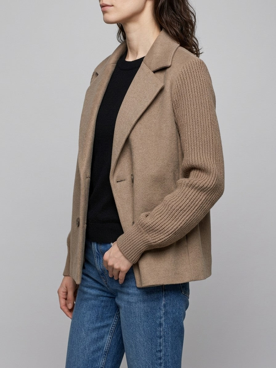 Burano Women's Knit Sleeve Double-Breasted Jacket — taupe — side