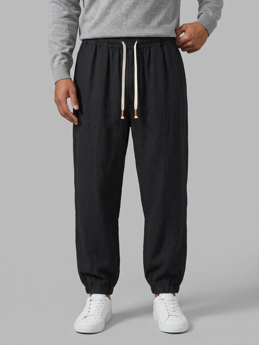 Busseto Men's Cuffed Linen Drawstring Pants — black — front