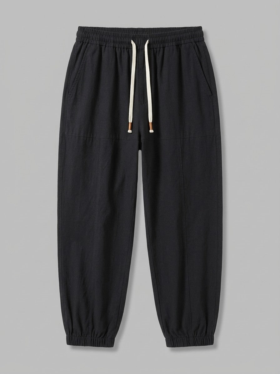 Busseto Men's Cuffed Linen Drawstring Pants — black — packshot