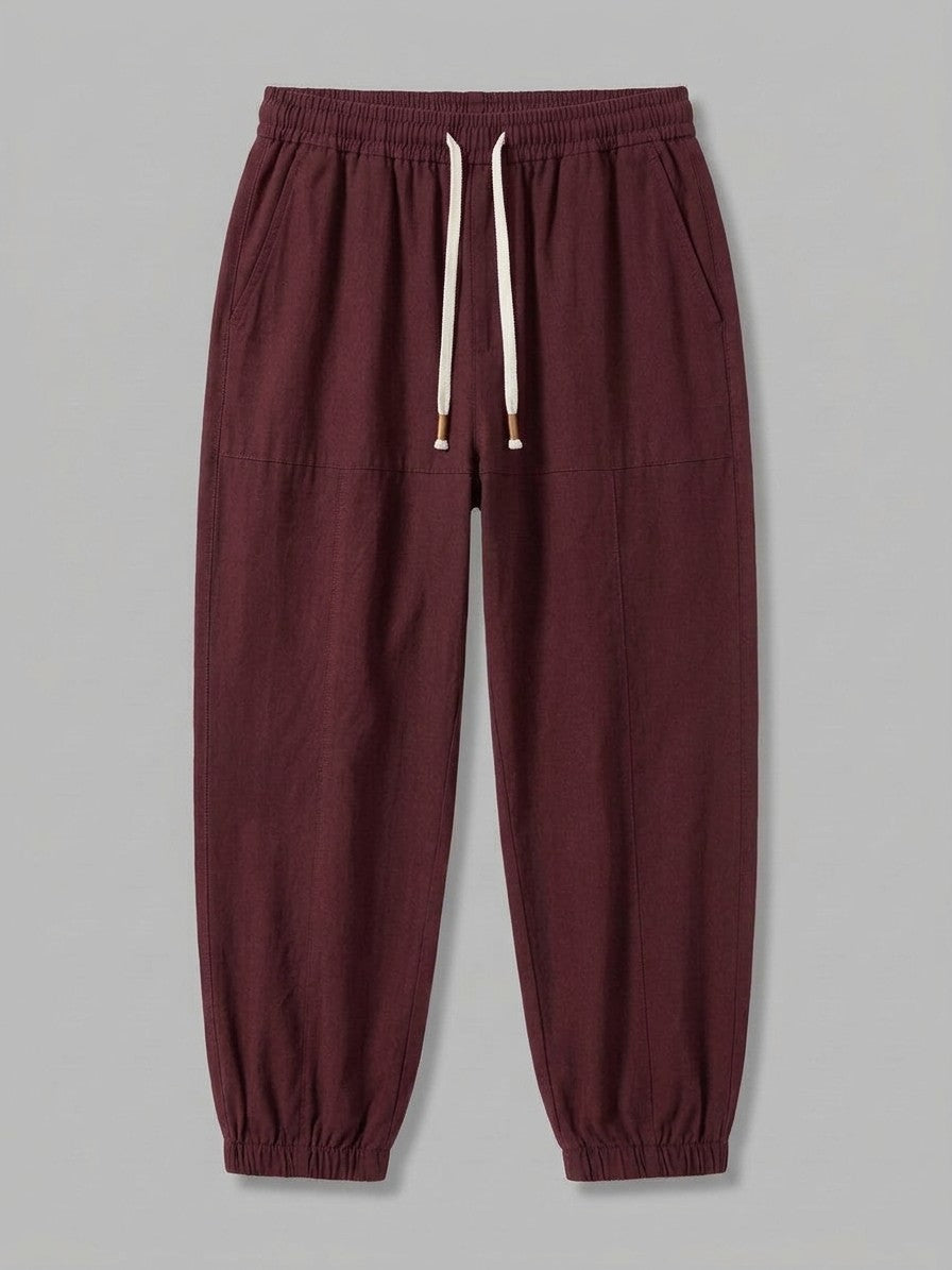 Busseto Men's Cuffed Linen Drawstring Pants — burgundy — packshot