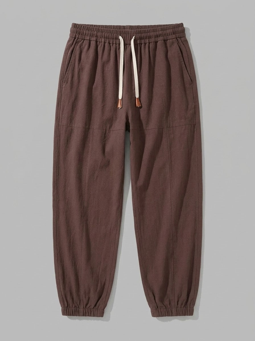 Busseto Men's Cuffed Linen Drawstring Pants — chocolatebrown — packshot