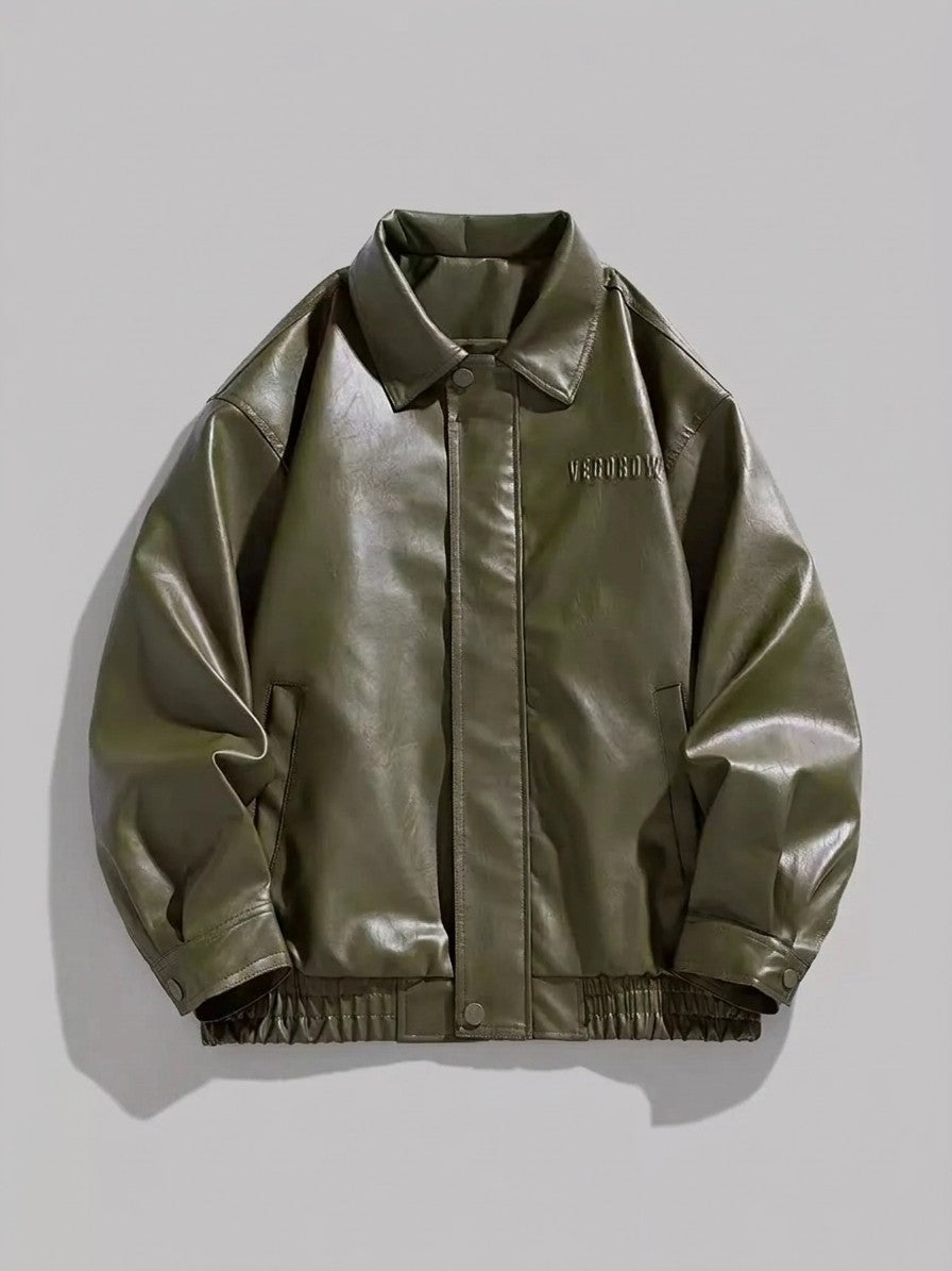 Cagli Men's Oversized Collared Faux Leather Jacket — armygreen — packshot