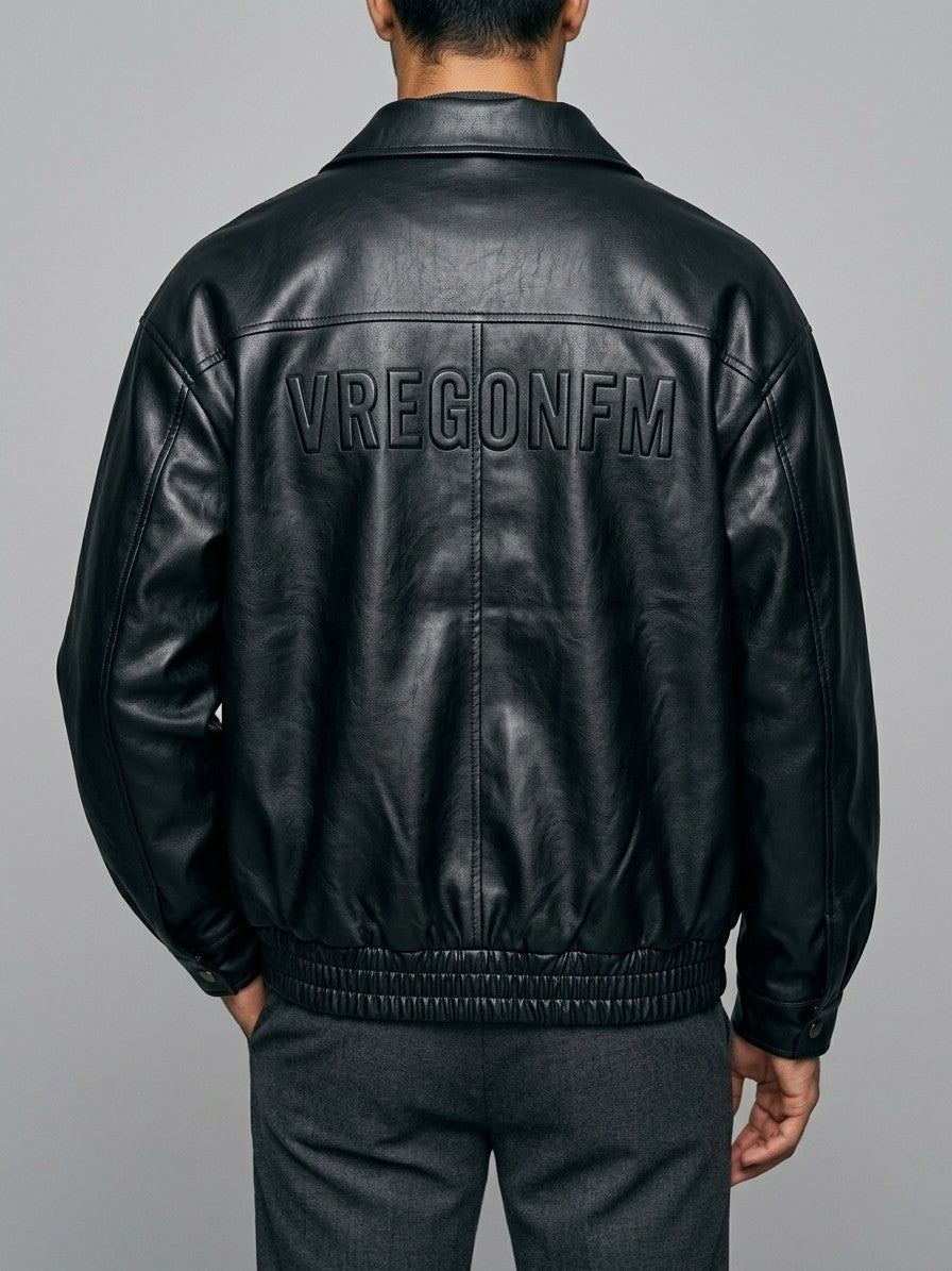 Cagli Men's Oversized Collared Faux Leather Jacket — black — back