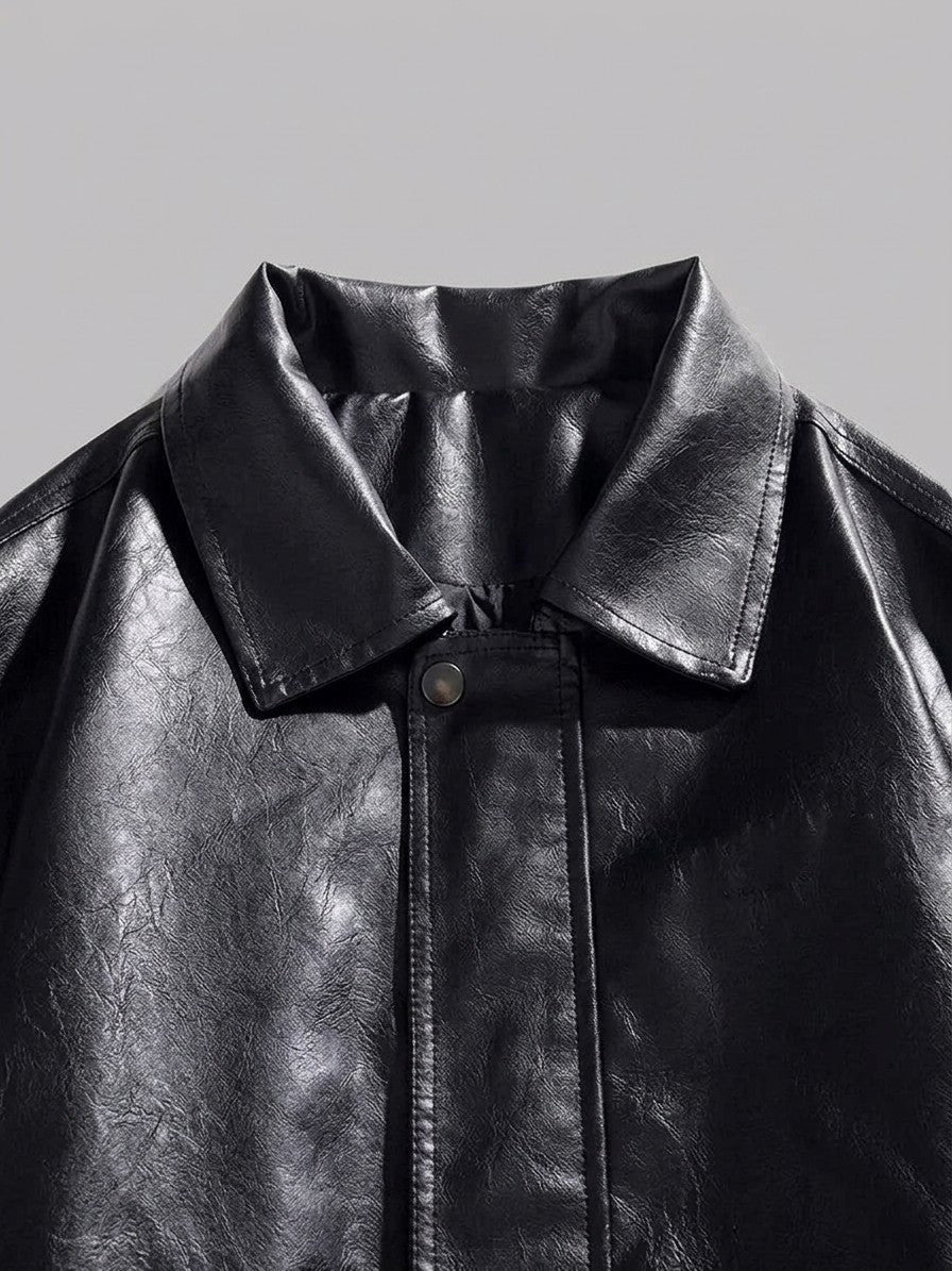 Cagli Men's Oversized Collared Faux Leather Jacket — black — detail-2