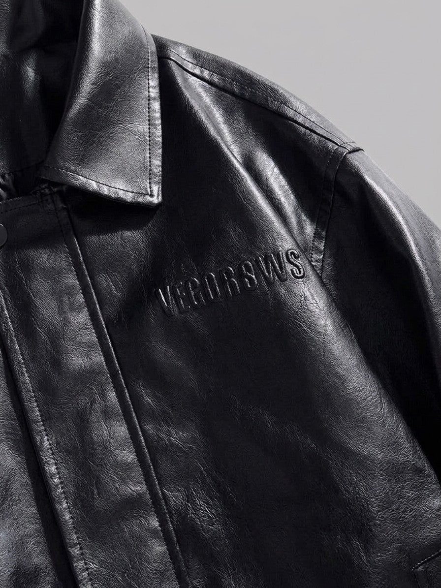 Cagli Men's Oversized Collared Faux Leather Jacket — black — detail-collar