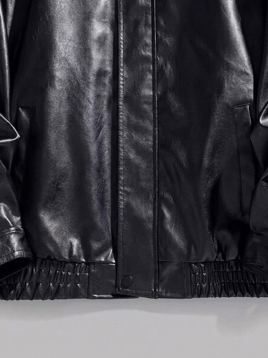 Cagli Men's Oversized Collared Faux Leather Jacket — black — detail