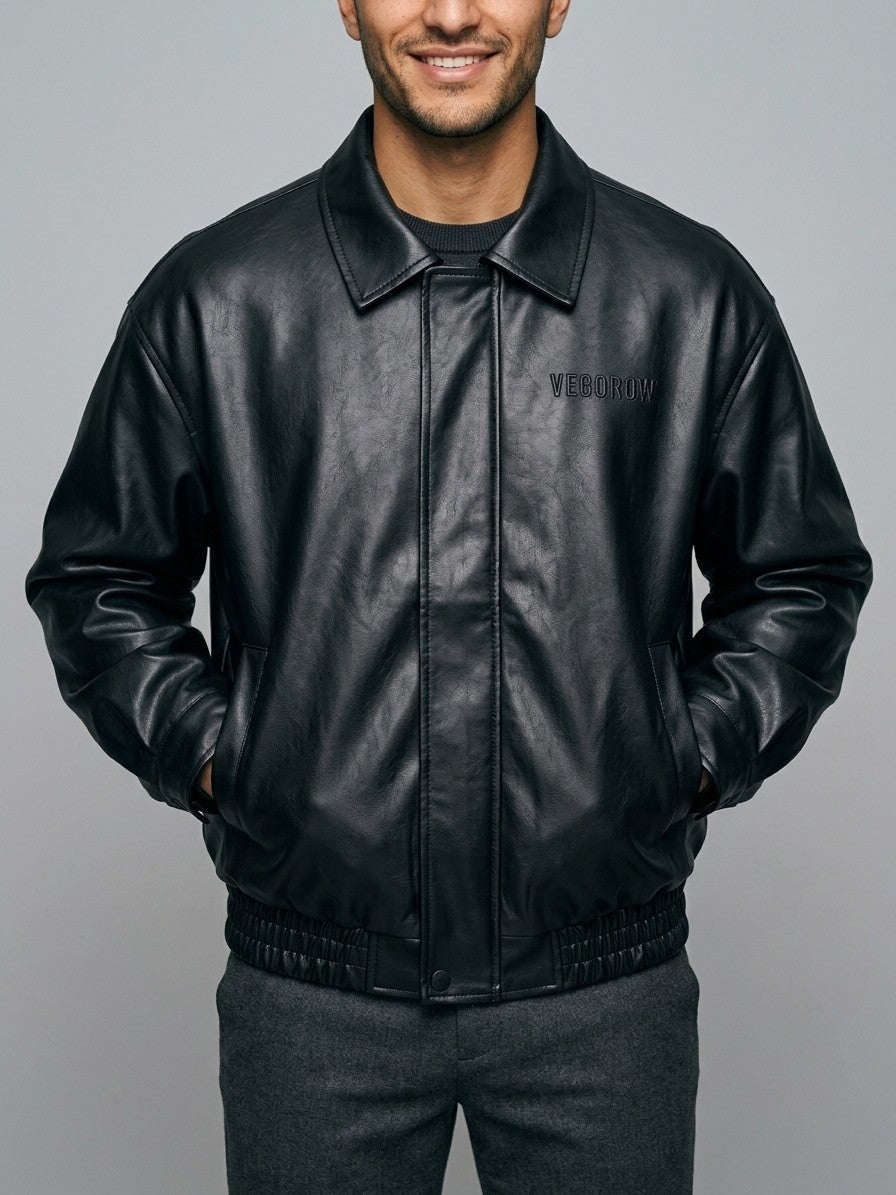 Cagli Men's Oversized Collared Faux Leather Jacket — black — front