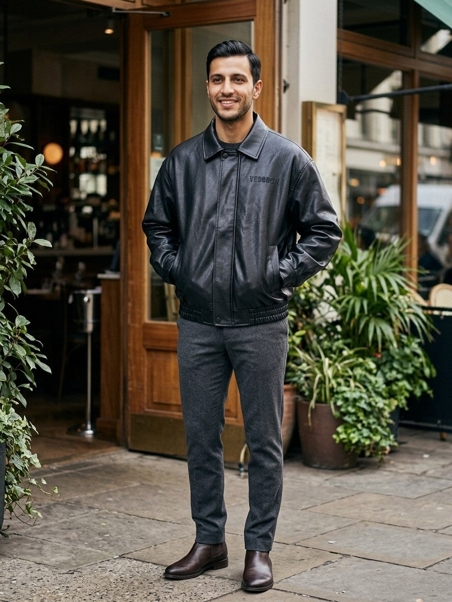 Cagli Men's Oversized Collared Faux Leather Jacket — black — lifestyle