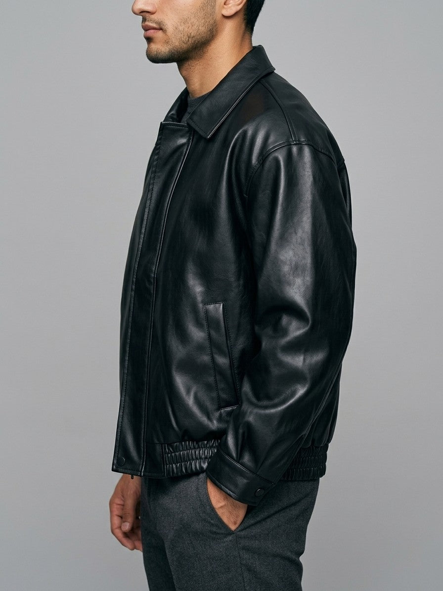 Cagli Men's Oversized Collared Faux Leather Jacket — black — side