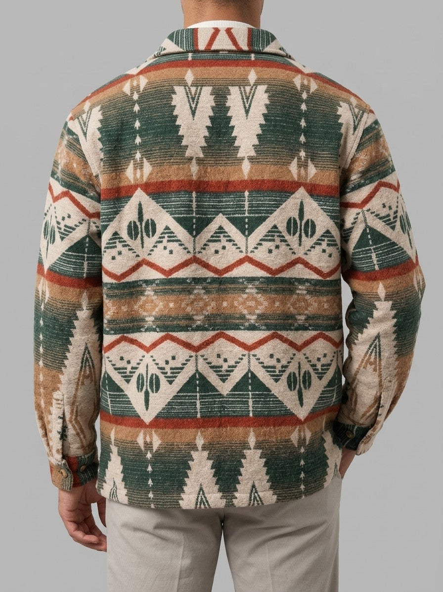 Caiazzo Men's Aztec Jacquard Wool Overshirt — forestgreen — back