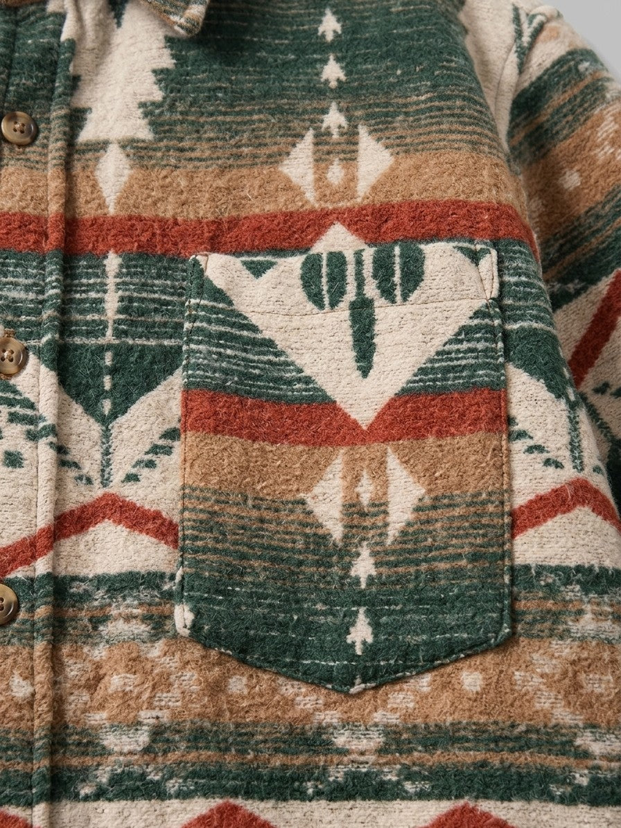 Caiazzo Men's Aztec Jacquard Wool Overshirt — forestgreen — detail-2