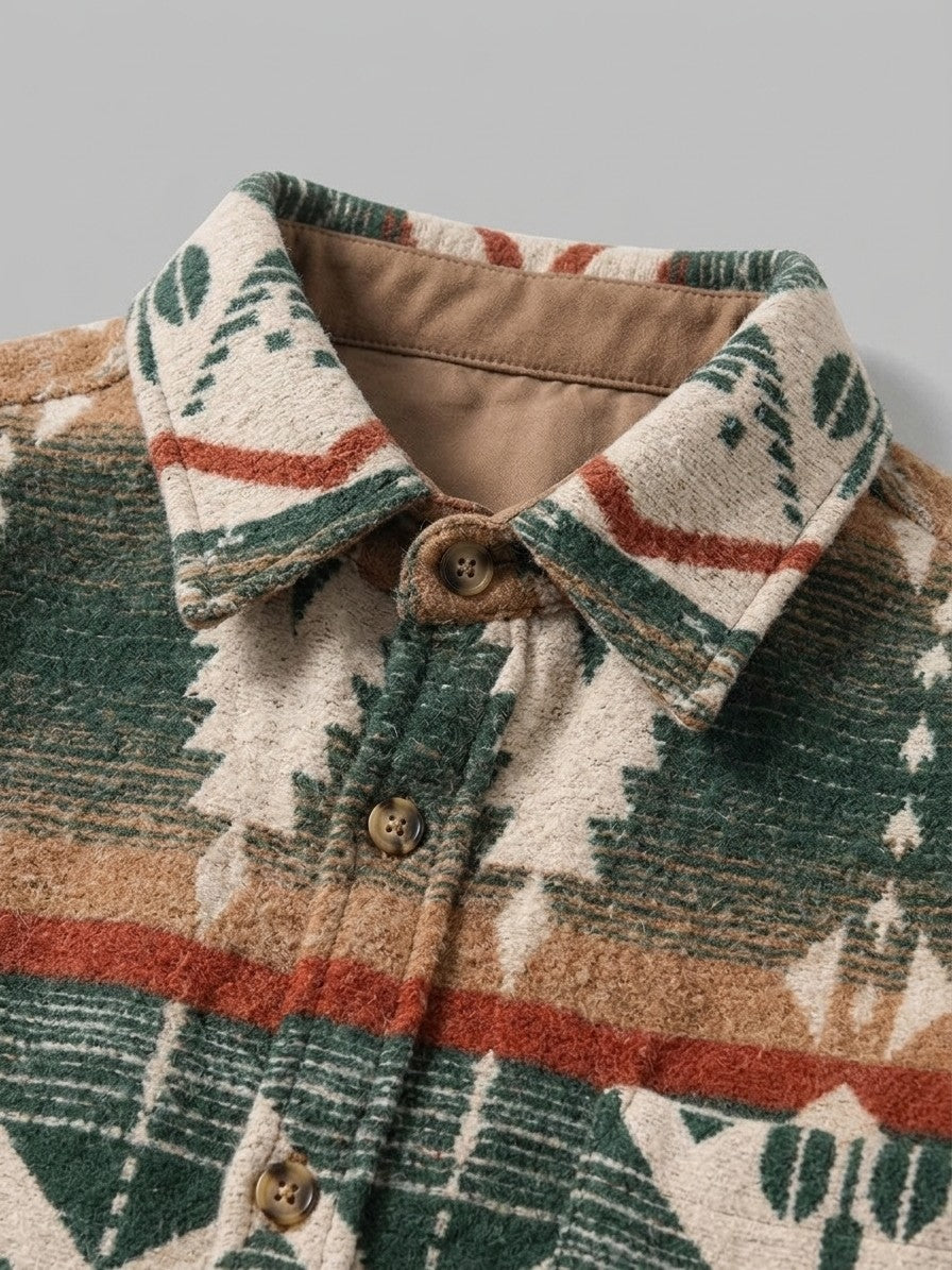 Caiazzo Men's Aztec Jacquard Wool Overshirt — forestgreen — detail-collar