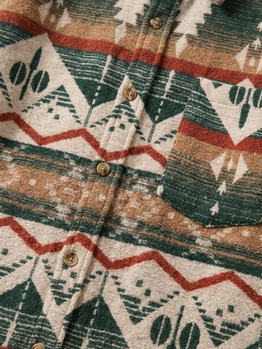 Caiazzo Men's Aztec Jacquard Wool Overshirt — forestgreen — detail