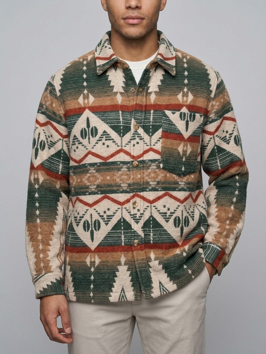 Caiazzo Men's Aztec Jacquard Wool Overshirt — forestgreen — front