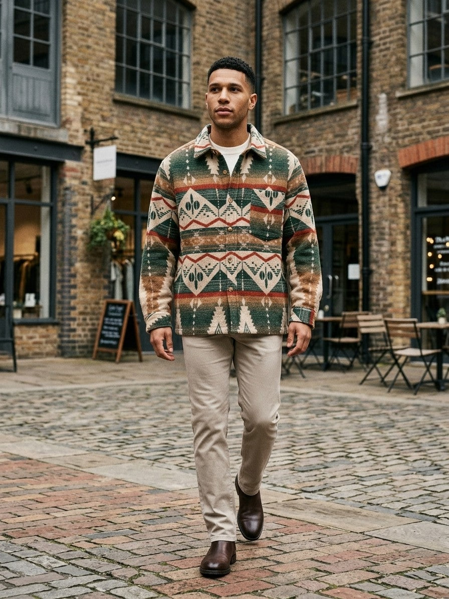 Caiazzo Men's Aztec Jacquard Wool Overshirt — forestgreen — lifestyle