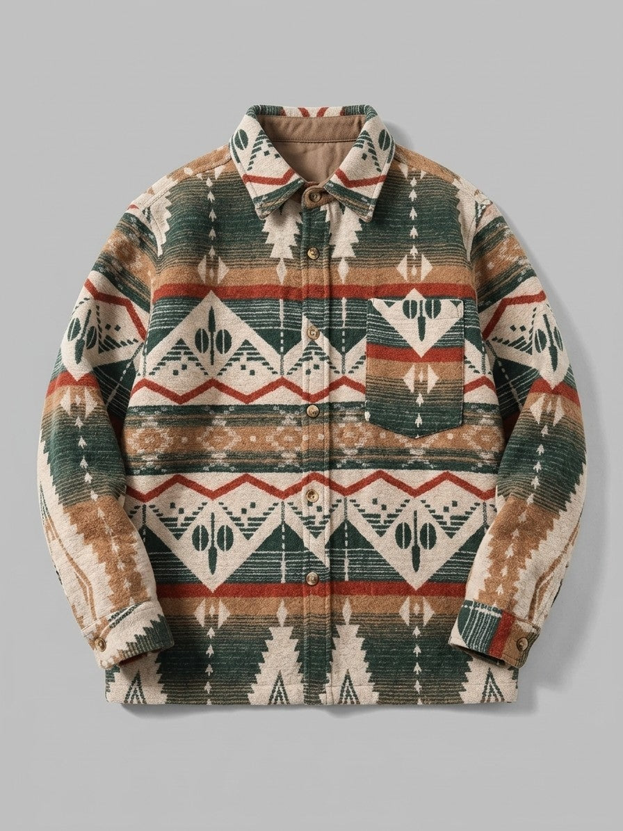 Caiazzo Men's Aztec Jacquard Wool Overshirt — forestgreen — packshot