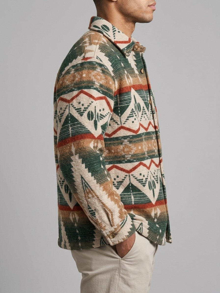 Caiazzo Men's Aztec Jacquard Wool Overshirt — forestgreen — side