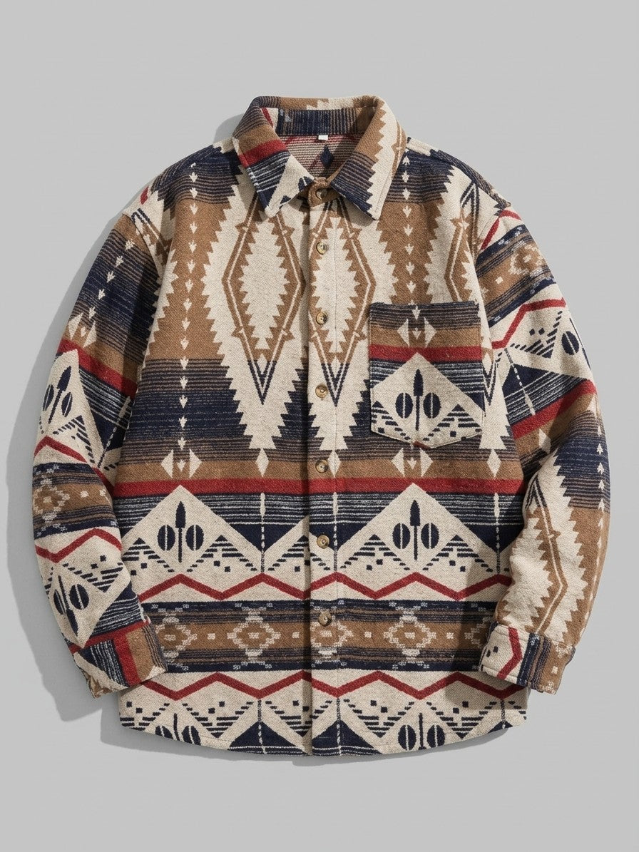 Caiazzo Men's Aztec Jacquard Wool Overshirt — khaki — packshot