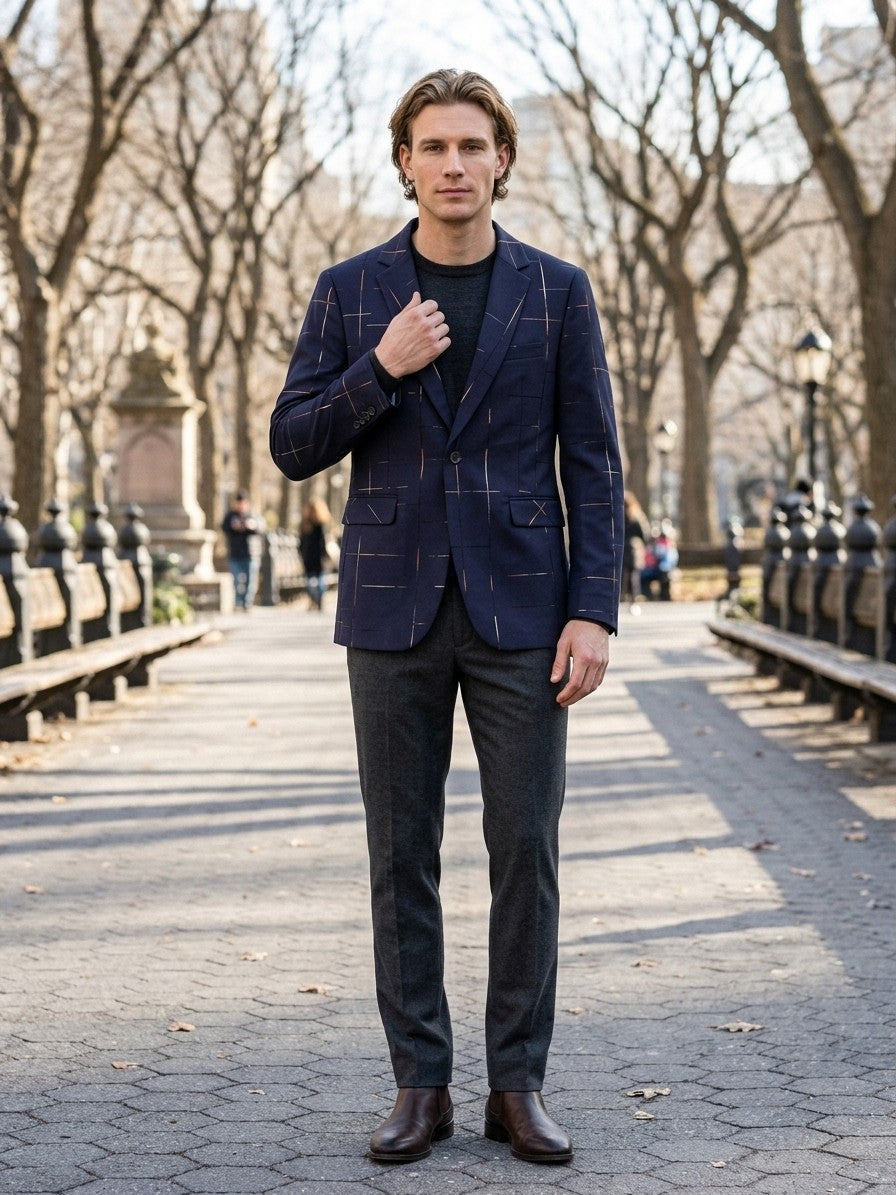 Caltagirone Men's Foil Line-Print Slim Blazer — navy — lifestyle