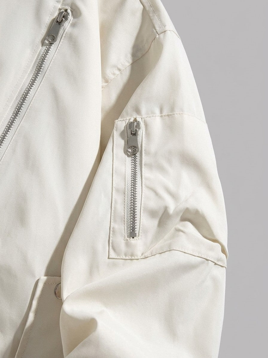 Camaiore Men's Multi-Zip Oversized Bomber Jacket — white — detail-collar