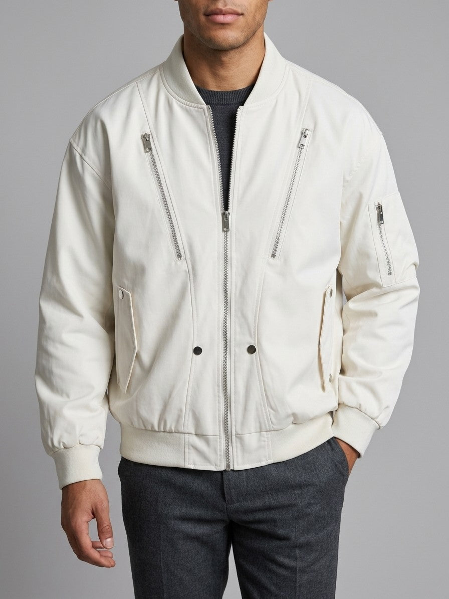 Camaiore Men's Multi-Zip Oversized Bomber Jacket — white — front
