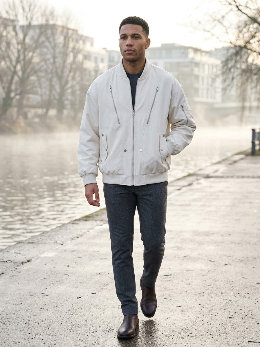Camaiore Men's Multi-Zip Oversized Bomber Jacket — white — lifestyle