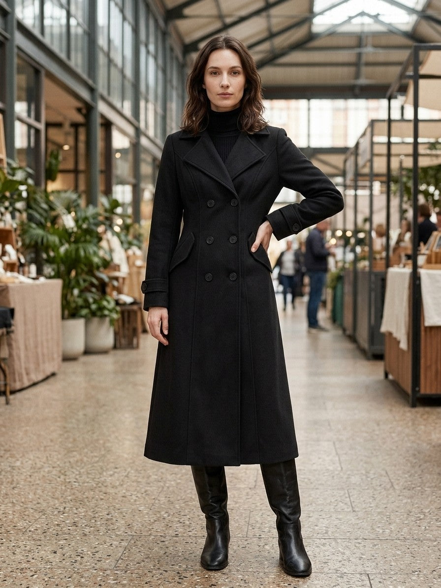 Camerino Women's Double-Breasted Maxi Coat — black — lifestyle