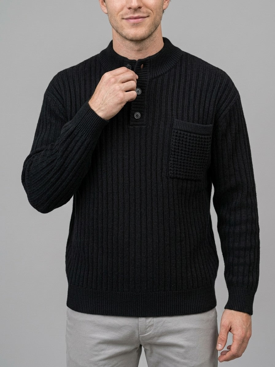 Camogli Men's Ribbed Henley with Chest Pocket — black — front