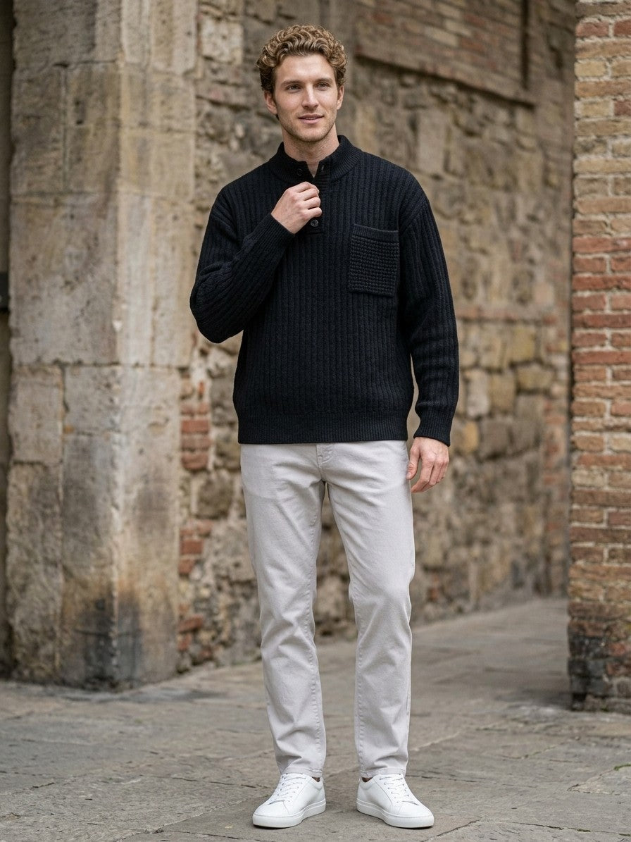 Camogli Men's Ribbed Henley with Chest Pocket — black — lifestyle