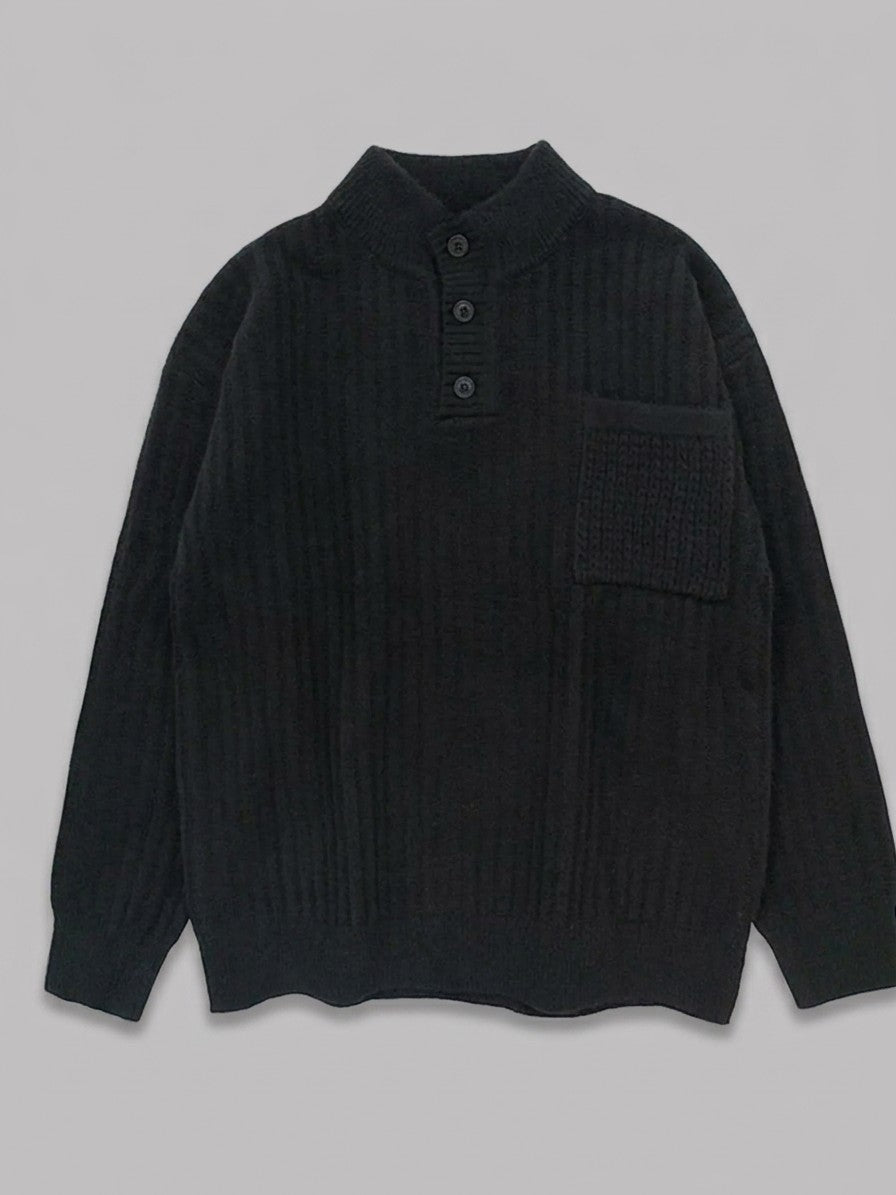Camogli Men's Ribbed Henley with Chest Pocket — black — packshot