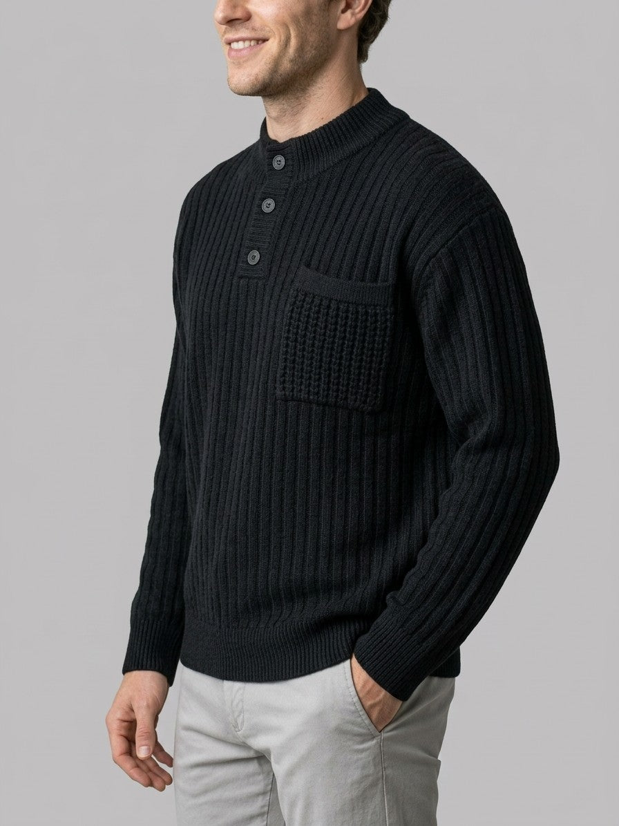 Camogli Men's Ribbed Henley with Chest Pocket — black — side