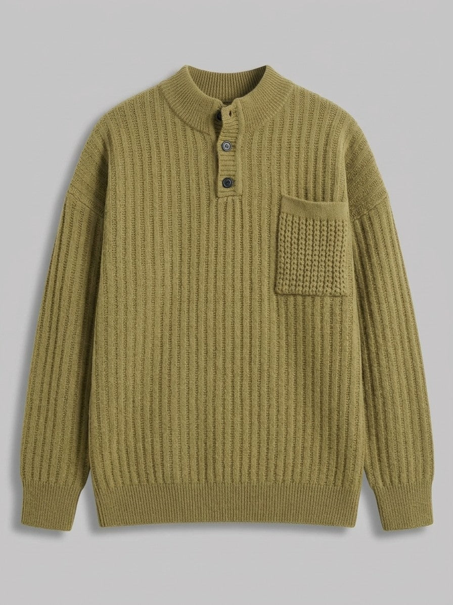 Camogli Men's Ribbed Henley with Chest Pocket — militarygreen — packshot
