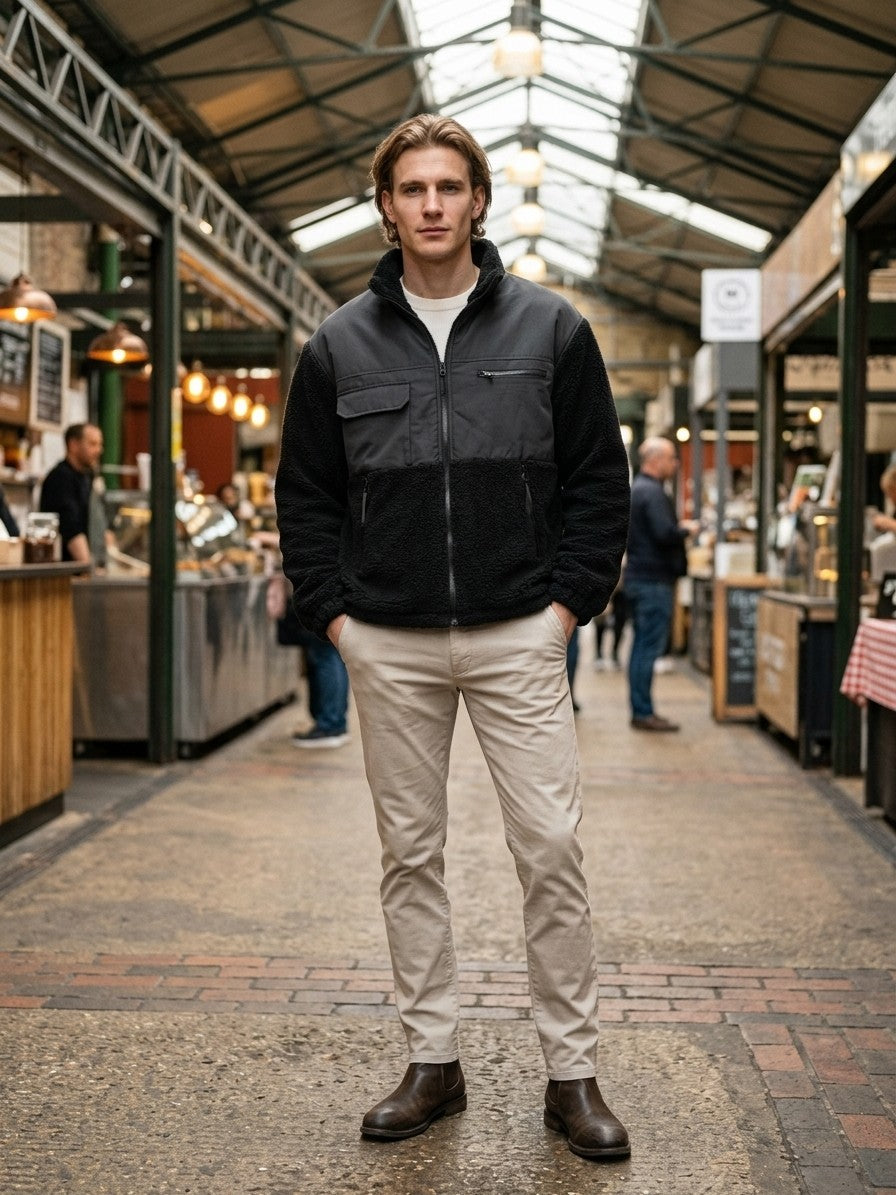 Campobasso Men's Color-Block Utility Sherpa Jacket — black — lifestyle