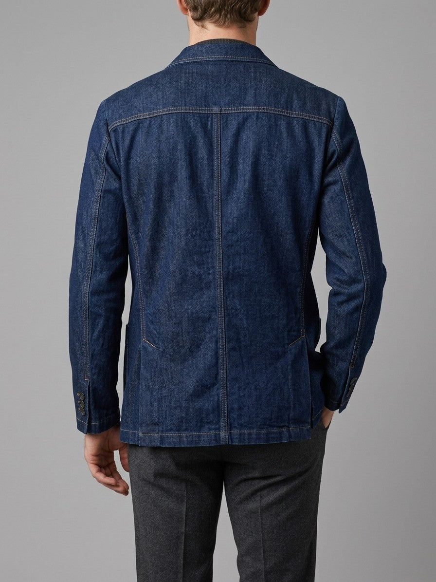 Canelli Men's Contrast-Stitch Denim Blazer — darkblue — back