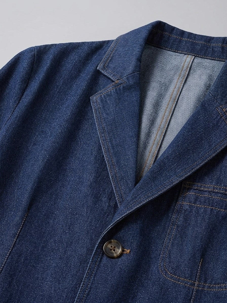 Canelli Men's Contrast-Stitch Denim Blazer — darkblue — detail-2