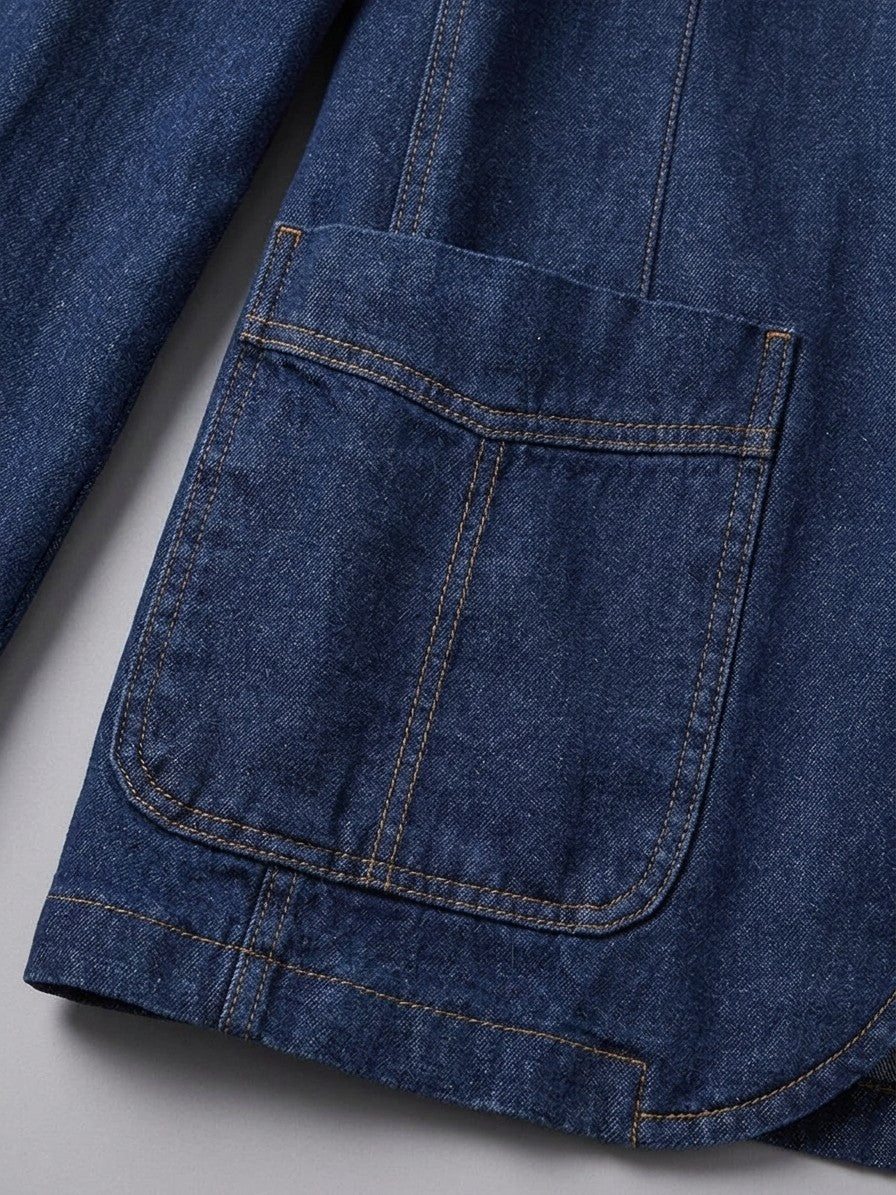 Canelli Men's Contrast-Stitch Denim Blazer — darkblue — detail-collar