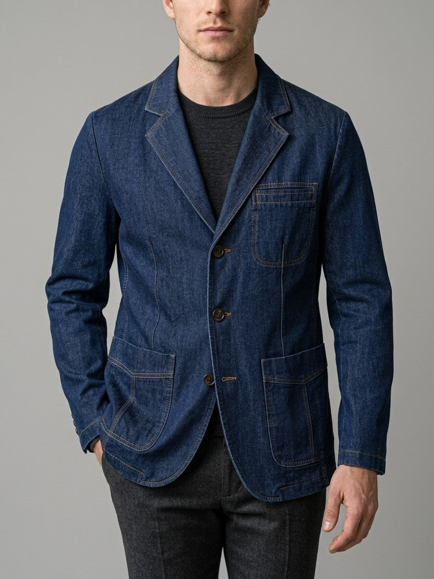 Canelli Men's Contrast-Stitch Denim Blazer — darkblue — front
