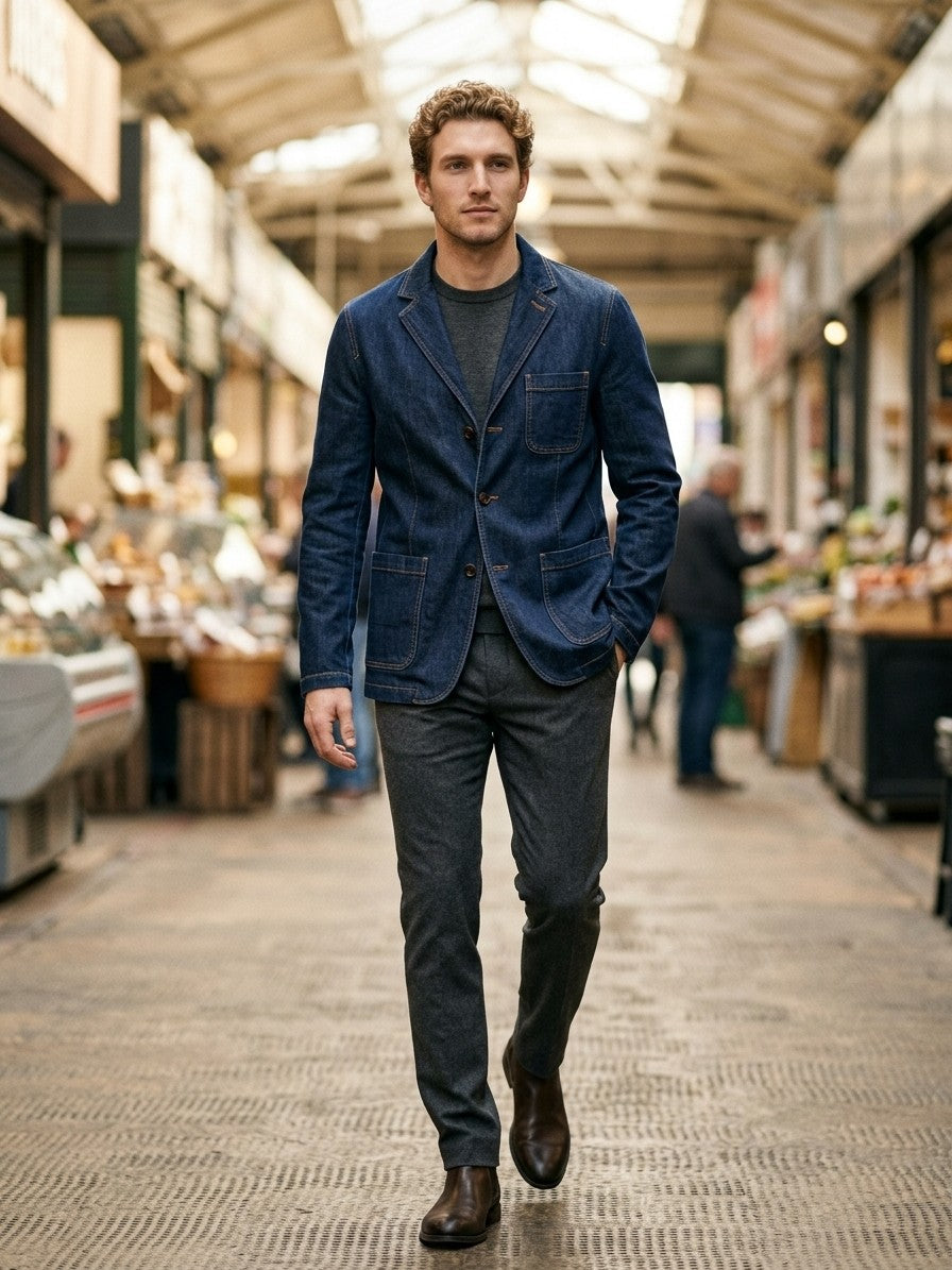 Canelli Men's Contrast-Stitch Denim Blazer — darkblue — lifestyle