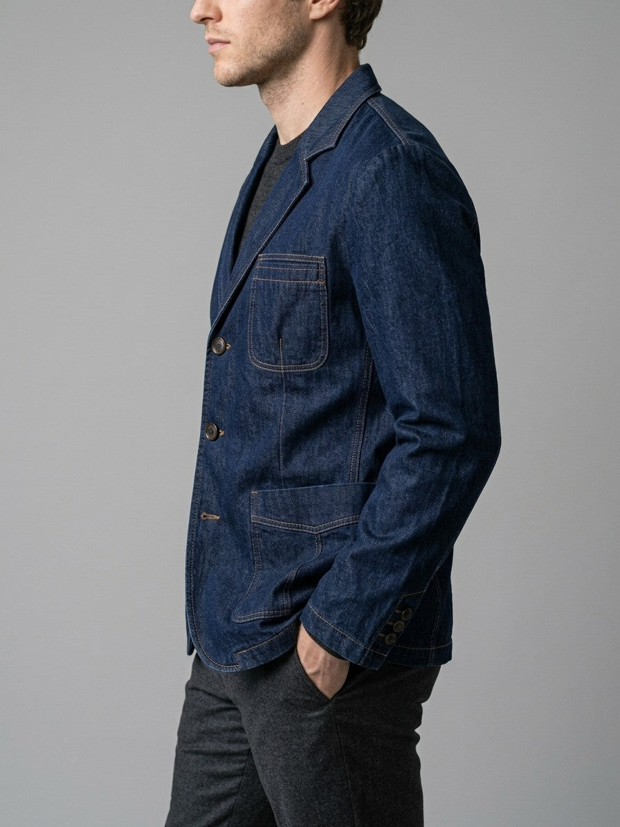 Canelli Men's Contrast-Stitch Denim Blazer — darkblue — side