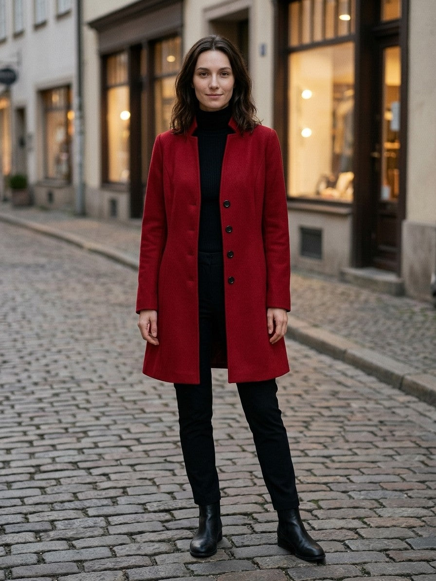 Cannobio Women's Stand Collar Fitted Coat — red — lifestyle